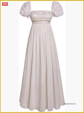 Luxurious Pearl Puff Victorian Dress 100% Chiffon Fabric Regency Ball Gown